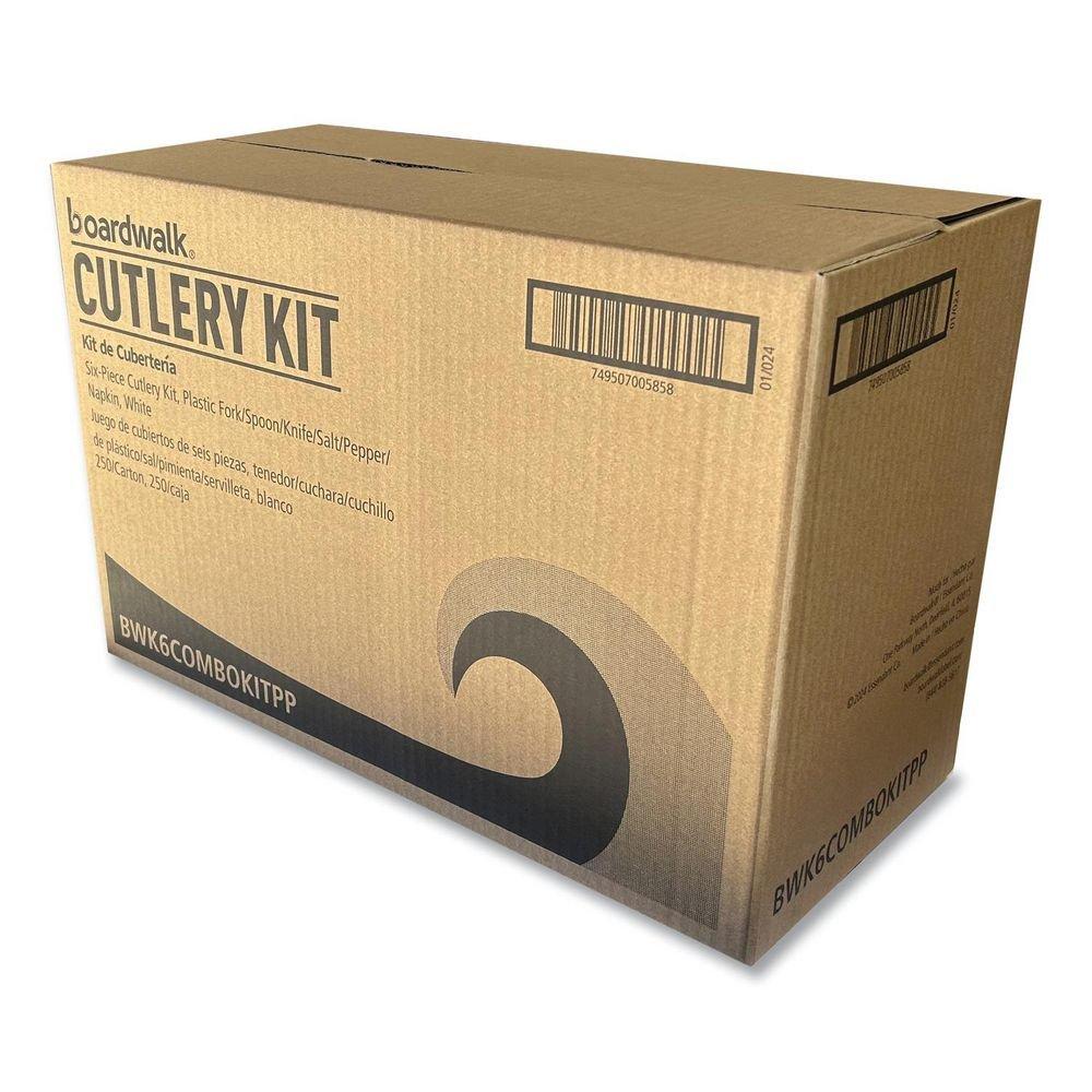 Medium Weight White Six-Piece Cutlery Kit (Fork/Knife/Napkin/Pepper/Salt/Spoon) 5.86 Plastic (250/Carton) 