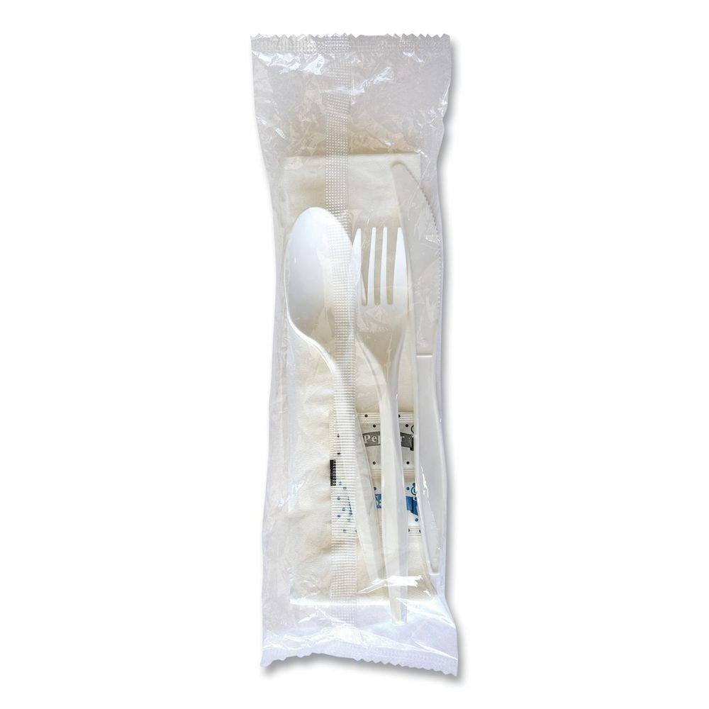 Medium Weight White Six-Piece Cutlery Kit (Fork/Knife/Napkin/Pepper/Salt/Spoon) 5.86 Plastic (250/Carton) 