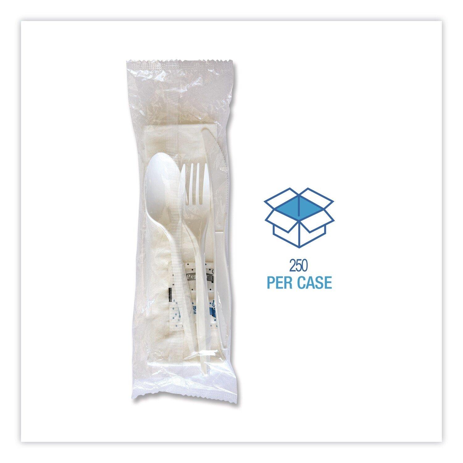 Medium Weight White Six-Piece Cutlery Kit (Fork/Knife/Napkin/Pepper/Salt/Spoon) 5.86 Plastic (250/Carton) 