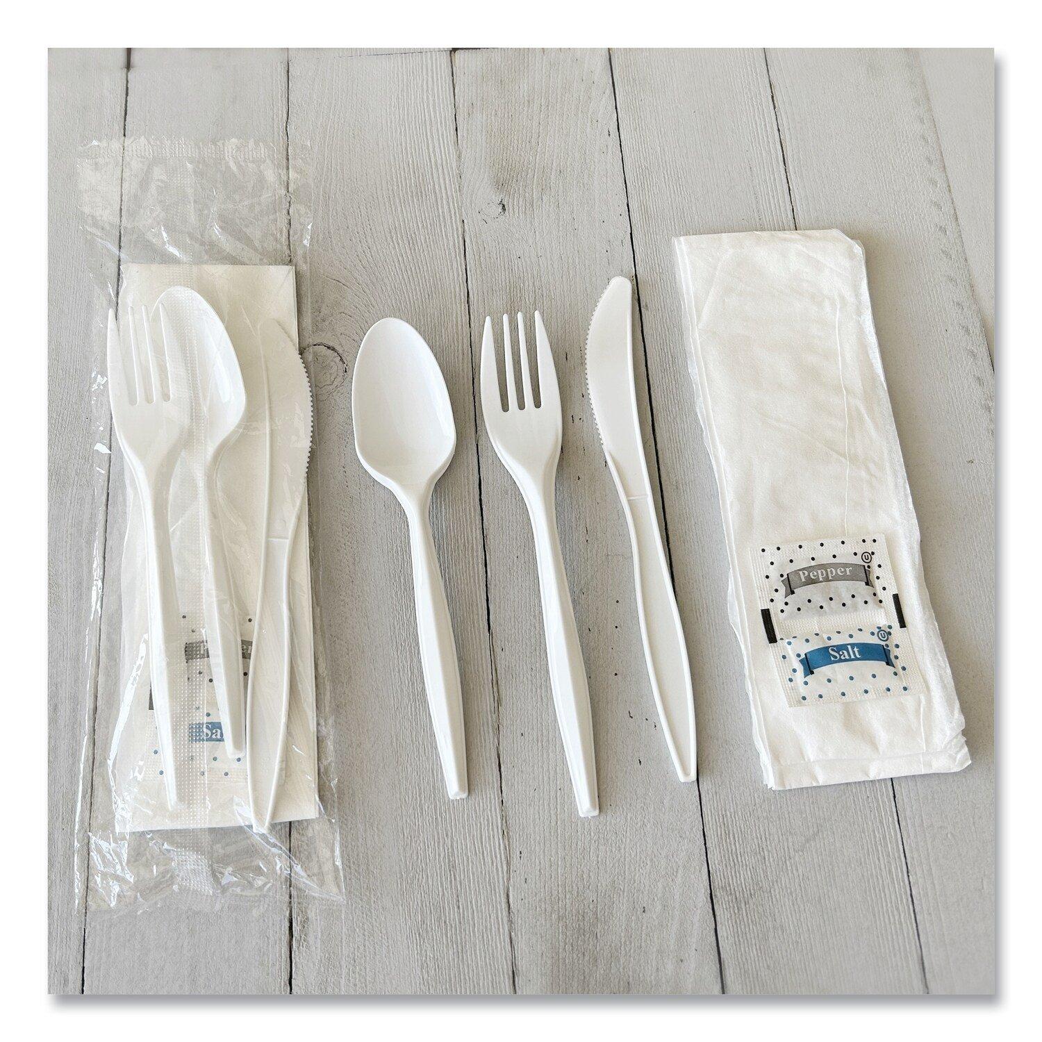 Medium Weight White Six-Piece Cutlery Kit (Fork/Knife/Napkin/Pepper/Salt/Spoon) 5.86 Plastic (250/Carton) 