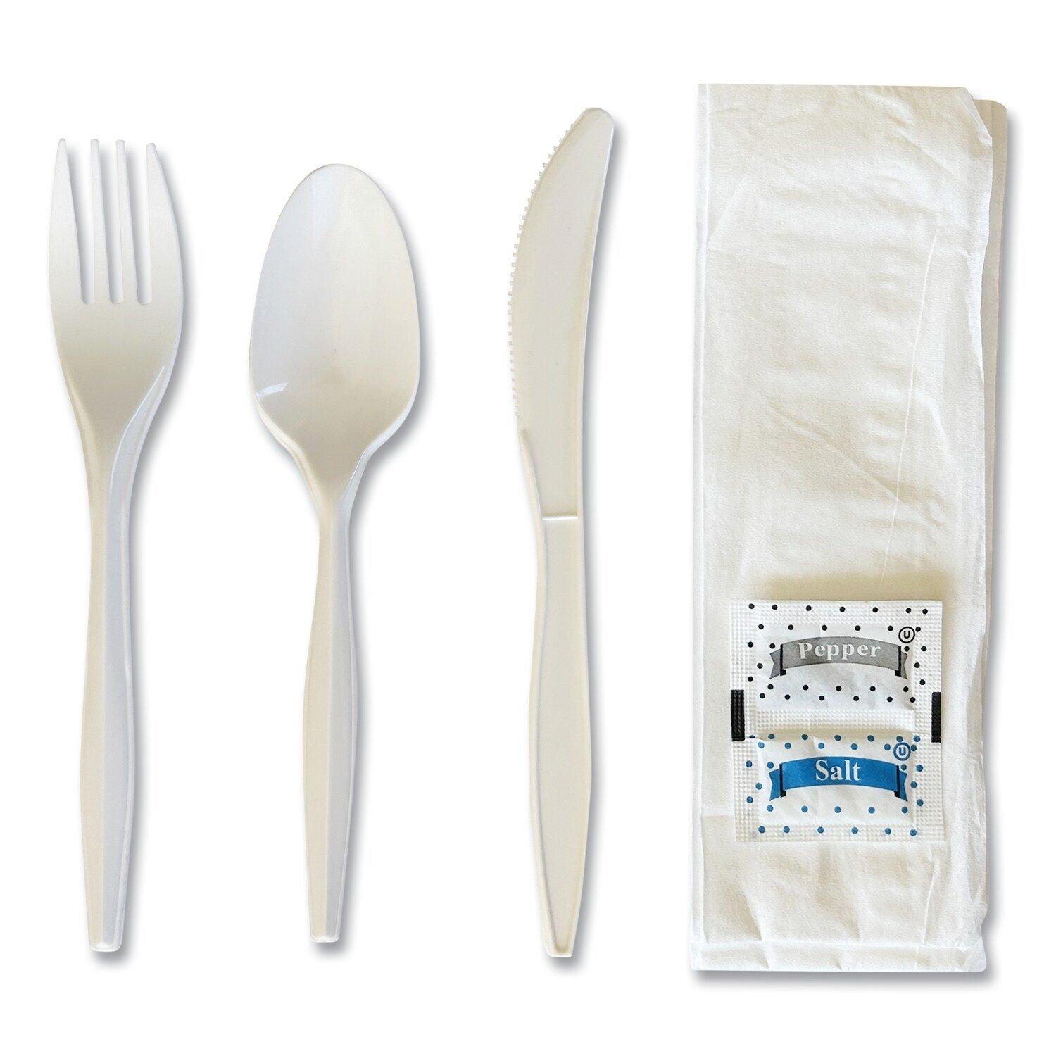 Medium Weight White Six-Piece Cutlery Kit (Fork/Knife/Napkin/Pepper/Salt/Spoon) 5.86 Plastic (250/Carton) 