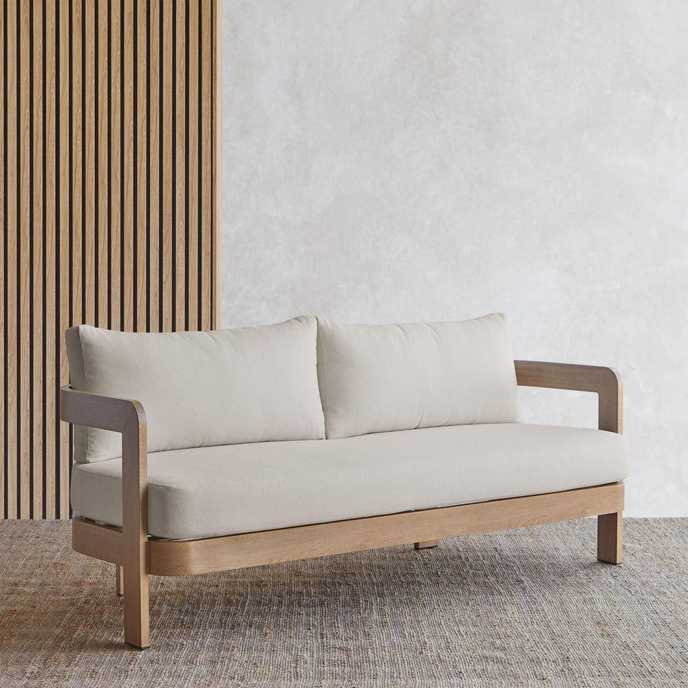 ARLO 73 METAL OUTDOOR COUCH IN WEATHERED LAKEWOOD WITH CUSHIONS 
