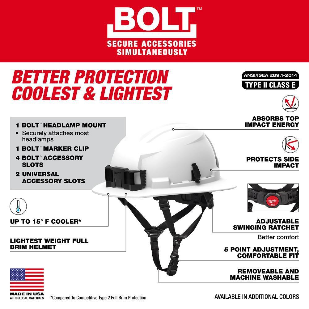 BOLT? WHITE FULL BRIM SAFETY HELMET ? TYPE 2, CLASS E - CUSTOM LOGO 