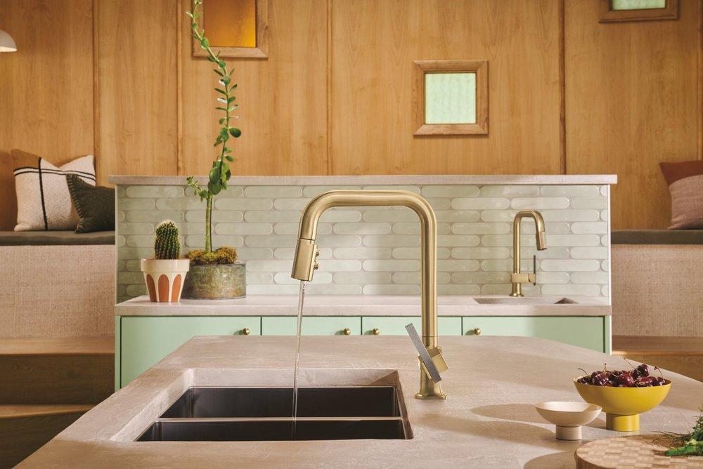 BRIZO FRANK LLOYD WRIGHT PULL-DOWN PREP FAUCET WITH SQUARE SPOUT AND WOOD/CONCRETE WAND - LESS HANDLE 