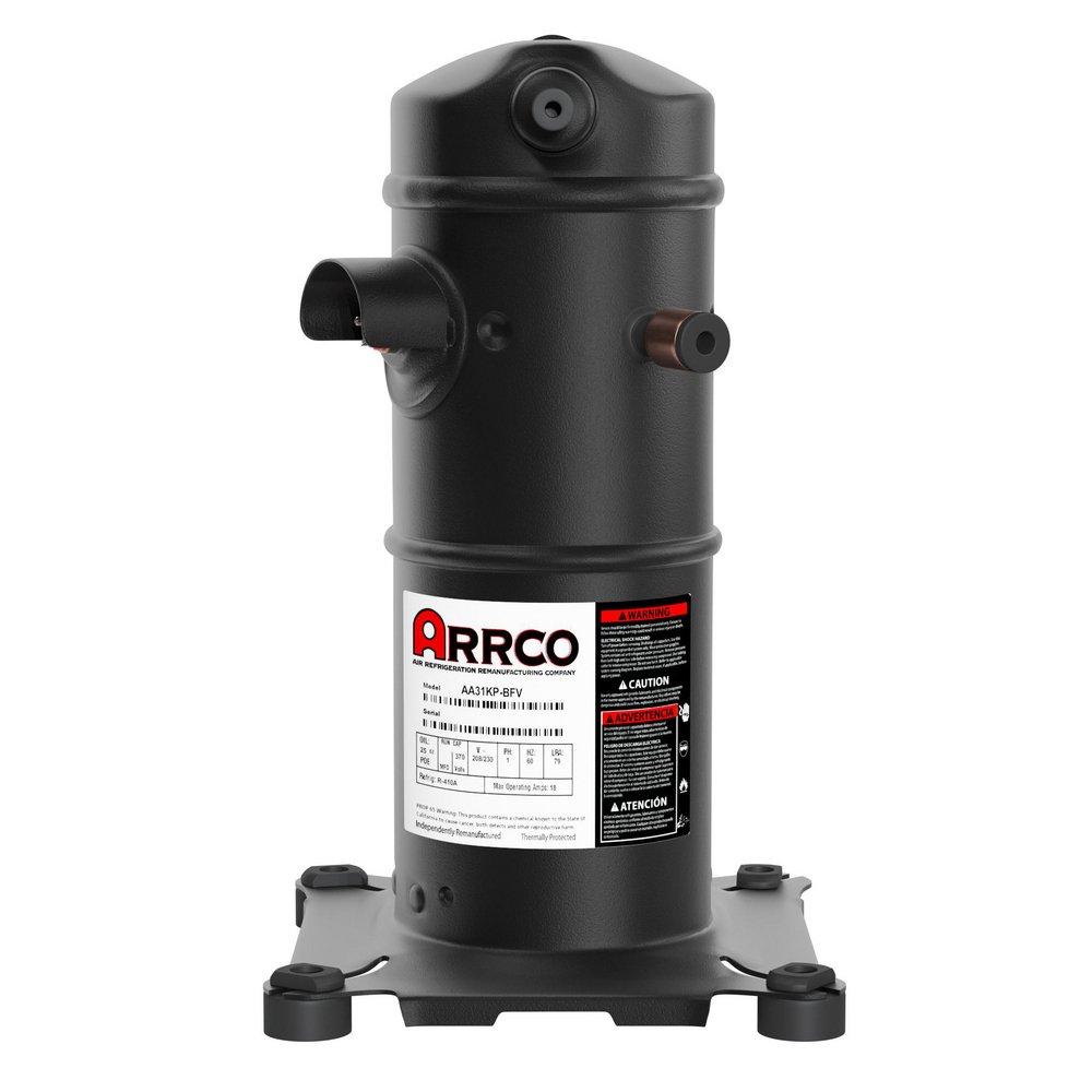 Arrco Remanufactured Compressor  Refrigerant: R410A, 31,000 BTU/hr, Voltage: 208-230-1, 60 Hz, 1/2" Discharge Fitting / 3/4" Suction Fitting,incl. poe oil 