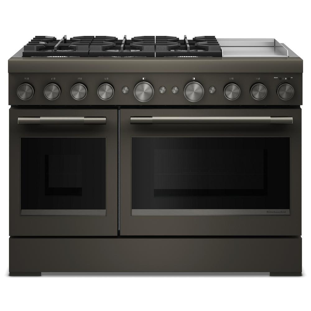 48" W Commercial Style Freestanding Flat Top 6 Gas Burner with Griddle Dual Fuel Range / Electric Dual Side by Side Oven in Black Ore 
