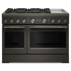 48" W Commercial Style Freestanding Flat Top 6 Gas Burner with Griddle Dual Fuel Range / Electric Dual Side by Side Oven in Black Ore