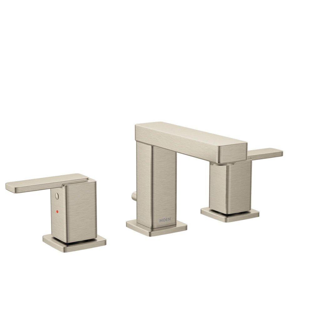 BRUSHED NICKEL TWO-HANDLE HIGH ARC BATHROOM FAUCET 