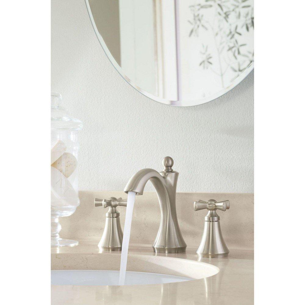 BRUSHED NICKEL TWO-HANDLE HIGH ARC BATHROOM FAUCET 