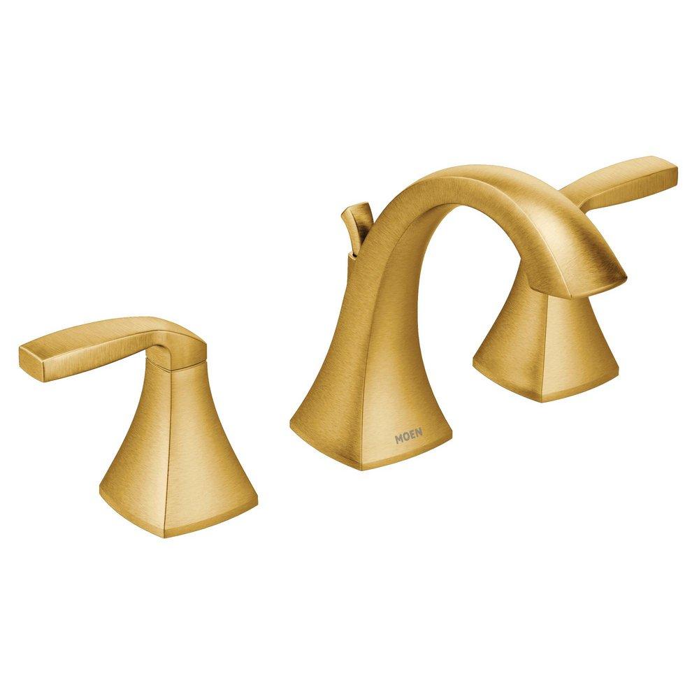 BRUSHED GOLD TWO-HANDLE HIGH ARC BATHROOM FAUCET 