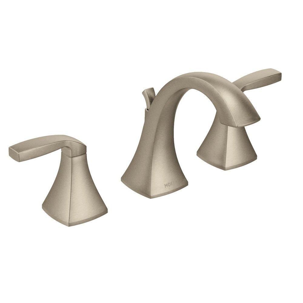 BRUSHED NICKEL TWO-HANDLE HIGH ARC BATHROOM FAUCET 