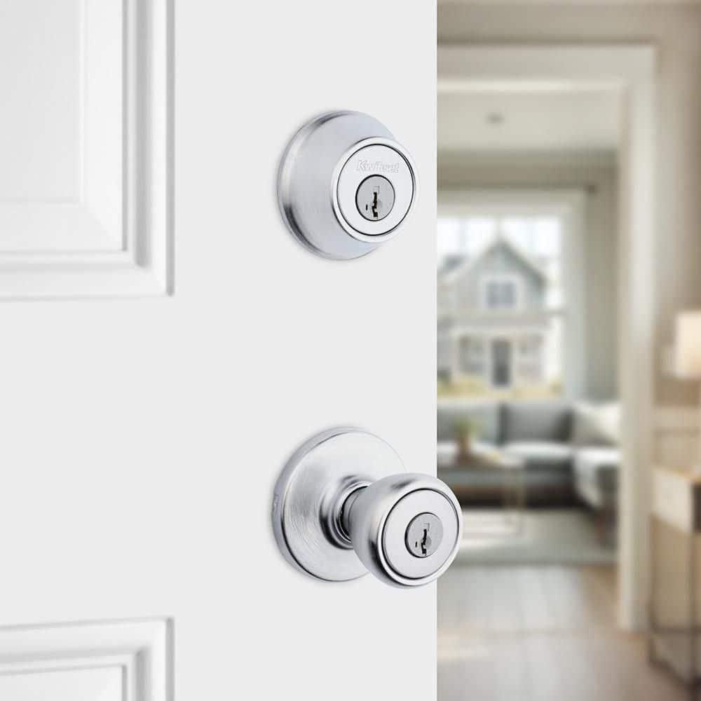 KWIKSET TYLO KEYED ENTRY KNOB AND SINGLE CYLINDER DEADBOLT WITH SMARTKEY COMBO PACK SATIN CHROME 