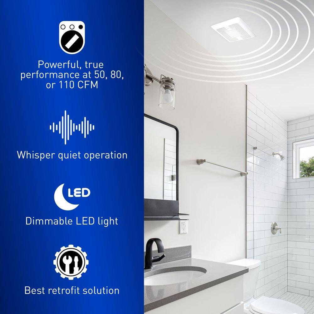 50-80-110 CFM Ceiling Mount Bathroom Ventilation Fan with LED Light & Bluetooth Speaker in White - 0.3-1.1 Sones - Energy Star Rated 