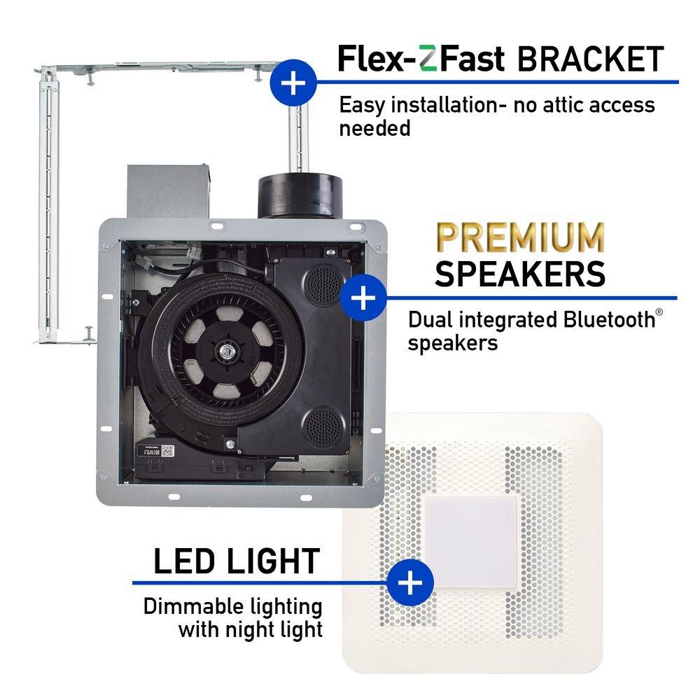 50-80-110 CFM Ceiling Mount Bathroom Ventilation Fan with LED Light & Bluetooth Speaker in White - 0.3-1.1 Sones - Energy Star Rated 