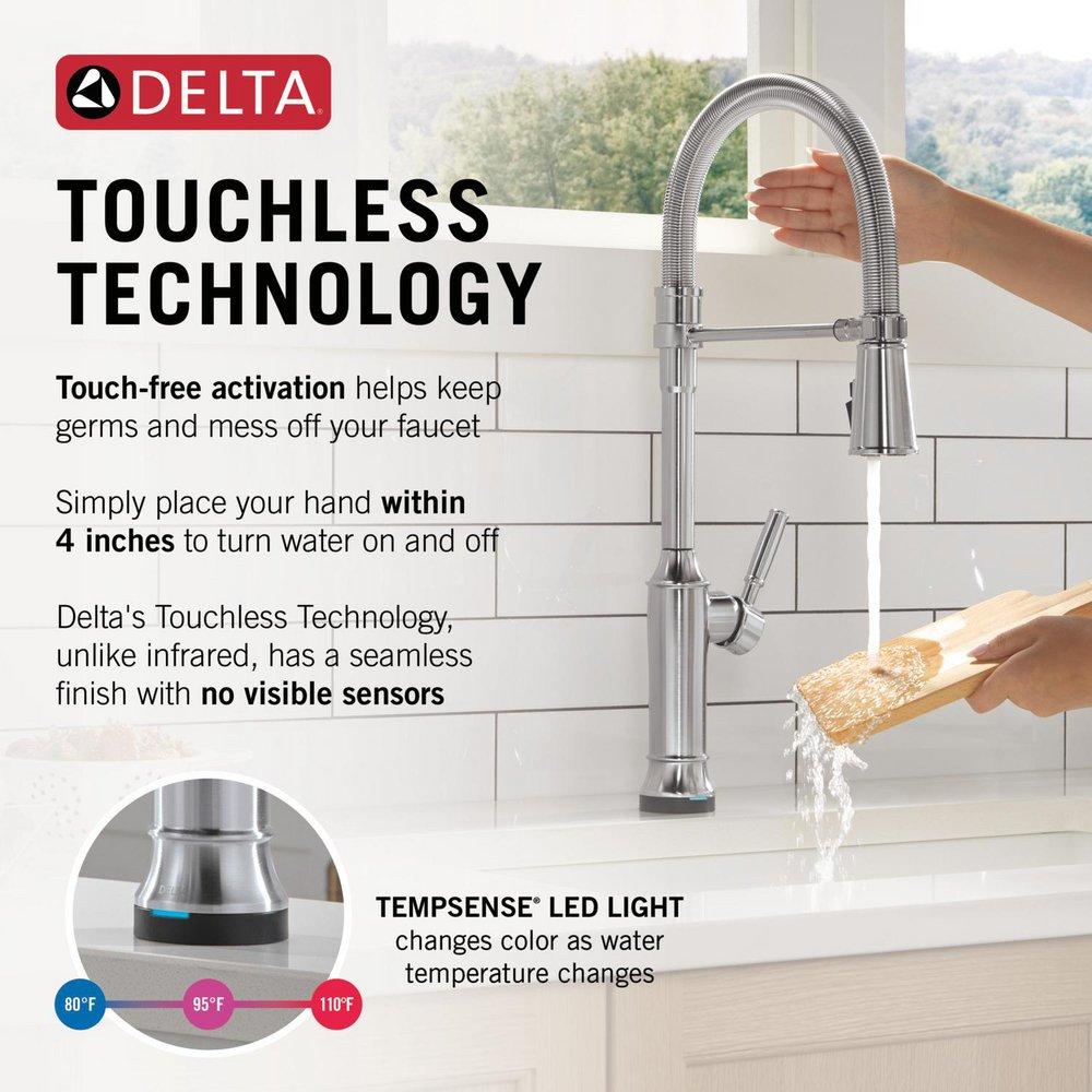 TOUCH2O TECHNOLOGY KITCHEN FAUCET WITH TOUCHLESS TECHNOLOGY IN LUMICOAT ARCTIC STAINLESS 