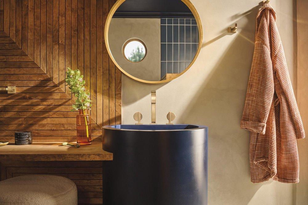 BRIZO FRANK LLOYD WRIGHT WIDESPREAD LAVATORY FAUCET WITH ARC SPOUT - LESS HANDLES 