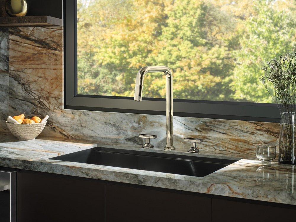 BRIZO KINTSU WIDESPREAD PULL-DOWN FAUCET WITH SQUARE SPOUT - LESS HANDLES 
