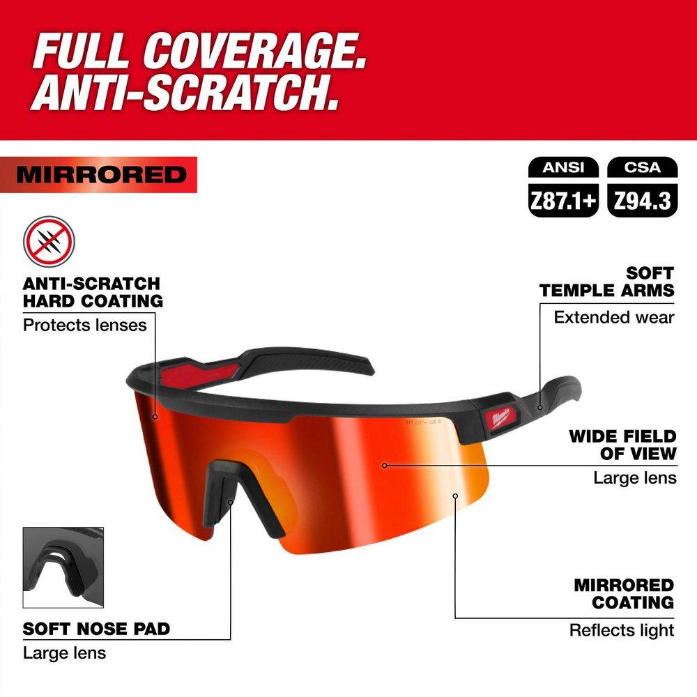 Wrap Around Safety Glasses with Red Mirrored Anti-Scratch Lenses 