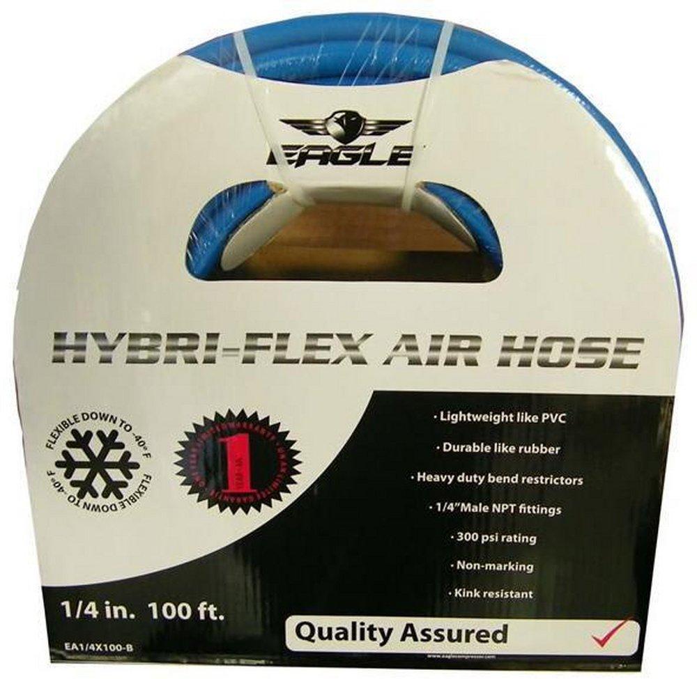 1/4X100' EAGLE HYBRID AIR HOSE W 1/4MALE NPT FITTINGS FLEXIBLE DOWN TO 40 BELOW 
