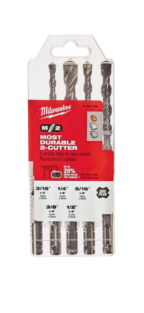 Milwaukee® Silver 3/16 in x 4-1/2 in, 1/4 in x 6 in, 5/16 in x 6 in, 3/8 in x 6 in, 1/2 in x 6 in. x 3/16 in, 1/4 in, 5/16 in, 3/8 in, 7/16 in, 1/2 in. SDS Masonry 5 Piece 