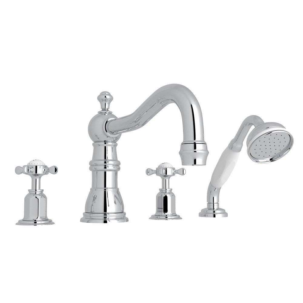 Perrin & Rowe&reg; Polished Chrome 20 gpm 4-Hole Deckmount Tub Filler with Hand Shower with Double Cross Handle 