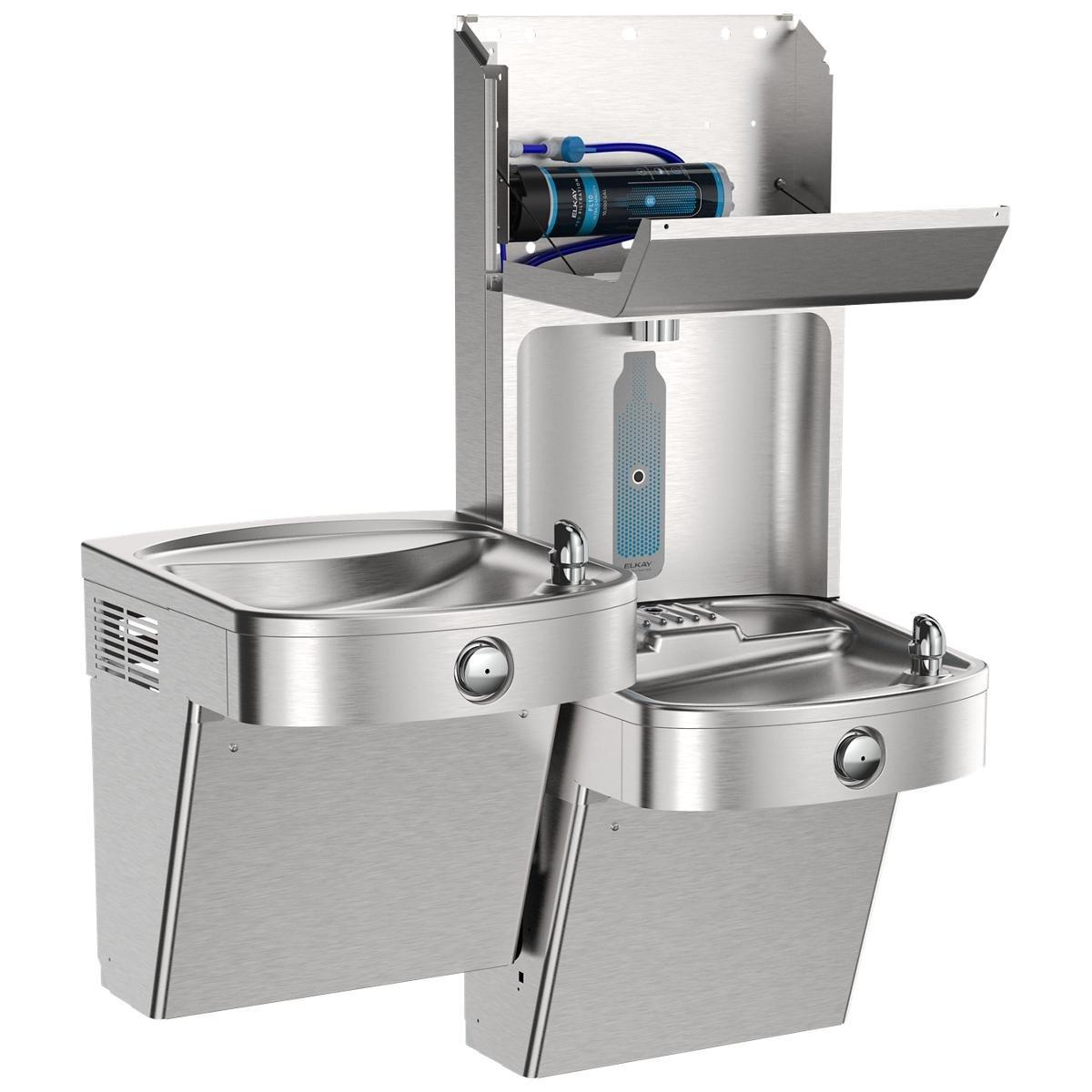 Elkay Pro Filtration Vandal Resistant Connected Bottle Filling Station&BiLevel ADA Cooler Refrig Ultra-Cap Lead Rd SS 