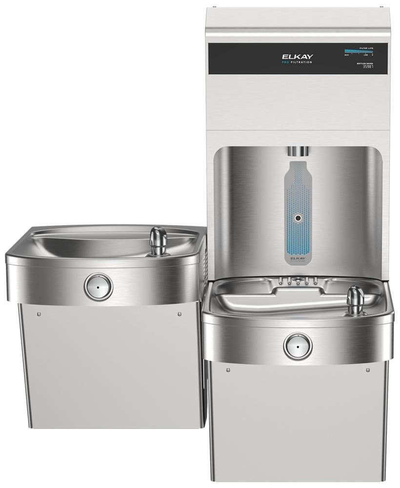 Elkay Pro Filtration Vandal Resistant Connected Bottle Filling Station&BiLevel ADA Cooler Refrig Ultra-Cap Lead Rd SS 
