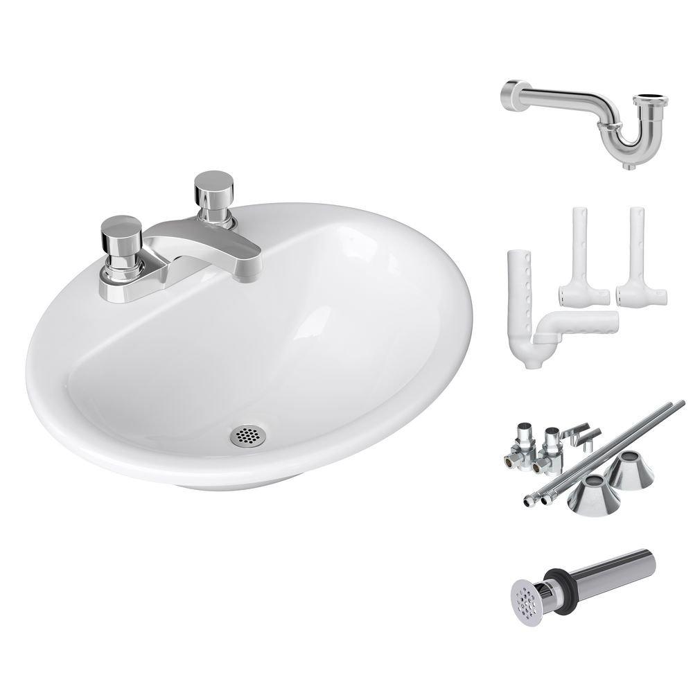 Drop-In Bathroom Sink with Two Handle Metering Faucet Bundle 