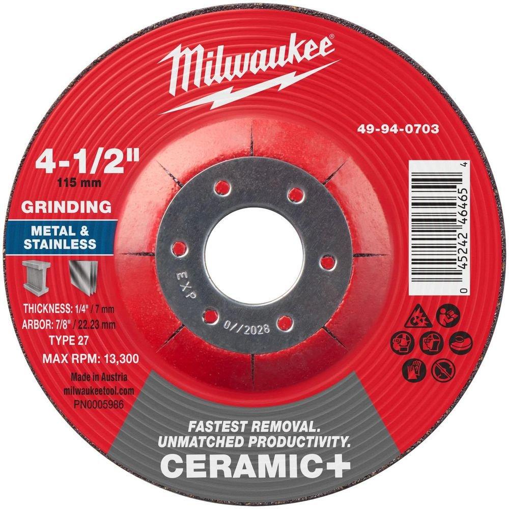 4-1/2"" x 1/4"" x 7/8"" Ceramic+ Metal Grinding Wheel - Type 27 