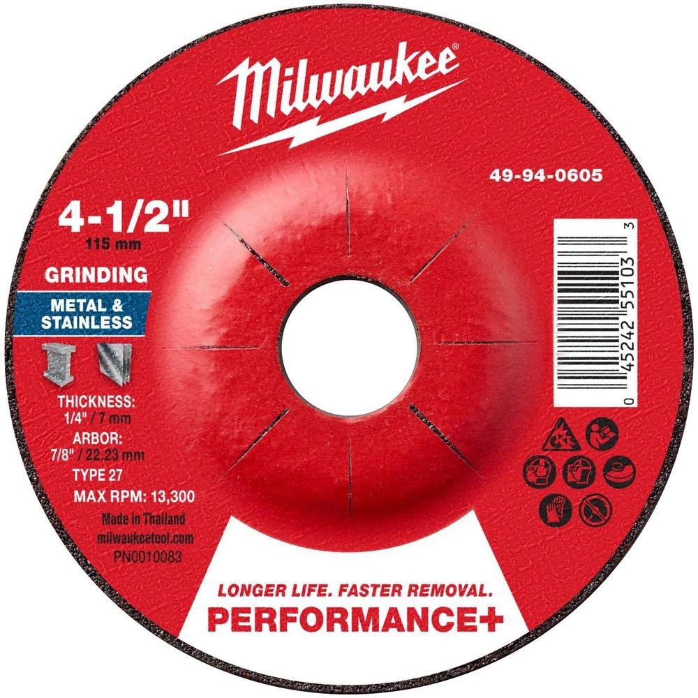 4-1/2"" x 1/4"" x 7/8"" Performance+ Metal Grinding Wheel - Type 27 