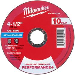 4-1/2"" x .045"" x 7/8"" Performance+ Metal Cut Off Wheel - Type 1 - 10pc