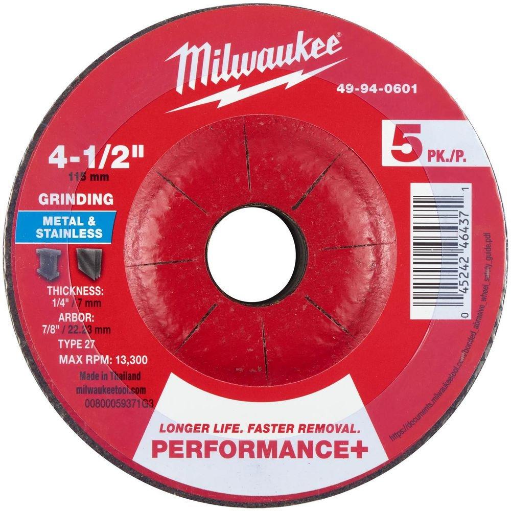 4-1/2"" x 1/4"" x 7/8"" Performance+ Metal Grinding Wheel - Type 27 - 5pc 