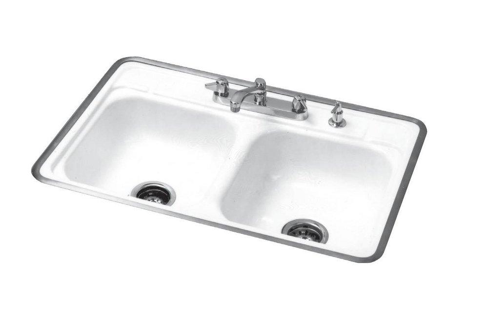 Bootz Manufacturing White 32 x 21 in. 4 Hole Enameled Steel Double Bowl Drop-in Kitchen Sink 
