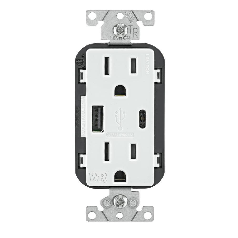 Weather Resistant 25W USB Outlet, Type A / C Charging Ports, 15A Receptacle in White 