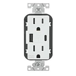 Weather Resistant 25W USB Outlet, Type A / C Charging Ports, 15A Receptacle in White