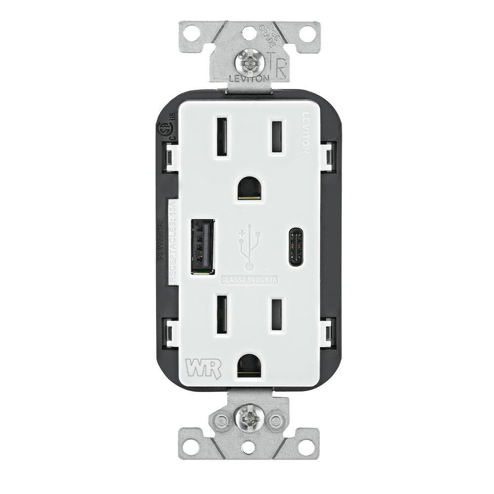Weather Resistant 25W USB Outlet, Type A / C Charging Ports, 15A Receptacle in White 