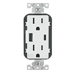 Weather Resistant 25W USB Outlet, Type A / C Charging Ports, 15A Receptacle in White