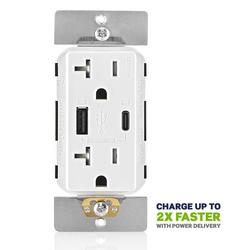 60W USB Dual Type A/Type-C Power Delivery Wall Outlet Charger with 20A Tamper-Resistant Outlet