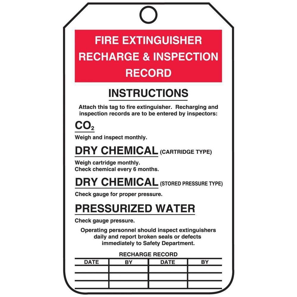 Fire Extinguisher Tag RECHARGE & INSPECTION RECORD 5-3/4 x 3-1/4 PF-Cardstock Pack 25 