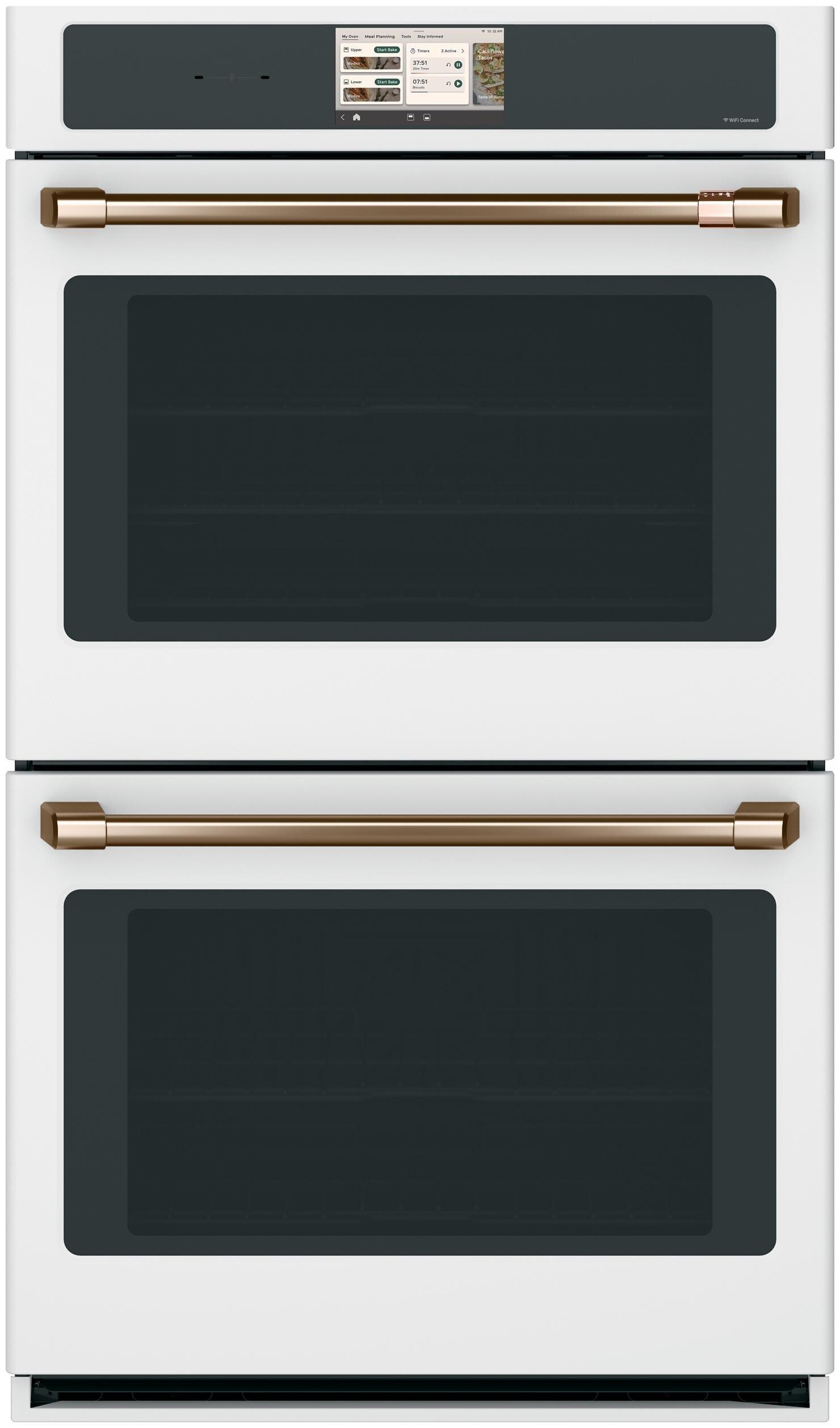 30" W Smart Wi-Fi Built In Double Convection Wall Oven in Matte White with Brushed Bronze Hardware 