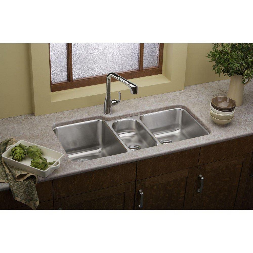 Elkay Lustrous Satin 40 x 20-1/2 in. No Hole Stainless Steel Triple Bowl Undermount Kitchen Sink 