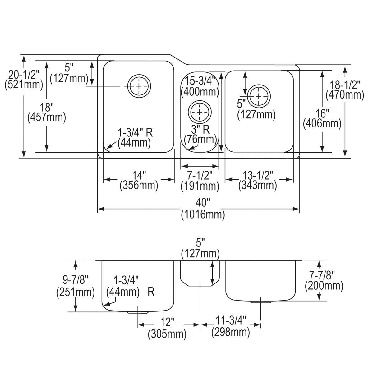Elkay Lustrous Satin 40 x 20-1/2 in. No Hole Stainless Steel Triple Bowl Undermount Kitchen Sink 
