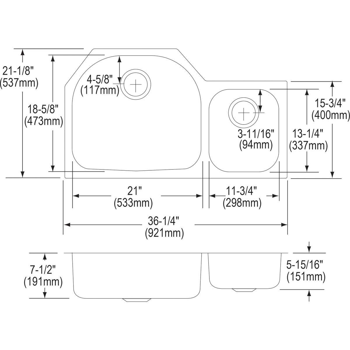 Elkay Lustertone 36-1/4 x 21-1/8 in. No Hole Stainless Steel Double Bowl Undermount Kitchen Sink 