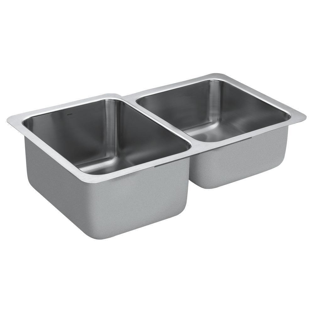 Moen Satin Stainless 2-Bowl Undermount Kitchen Sink with Rear Drain 
