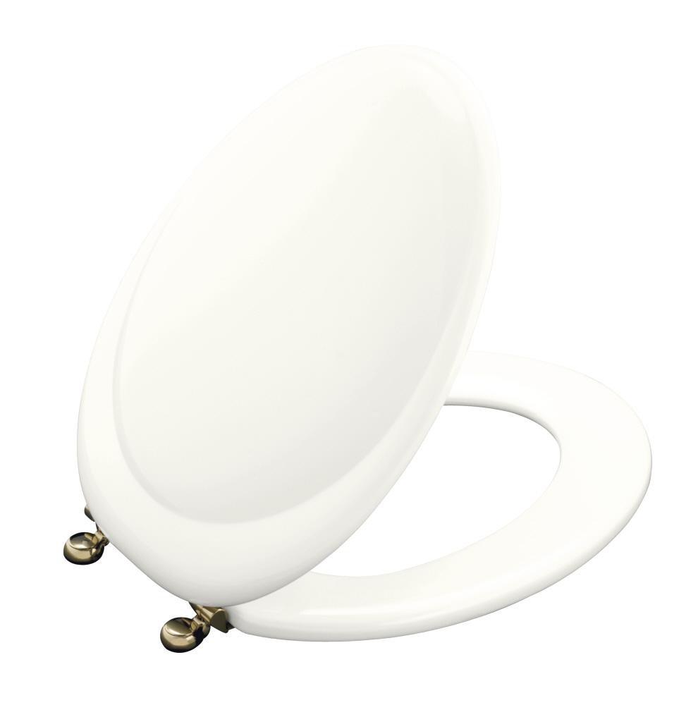 KOHLER White Elongated Closed Front Toilet Seat with Gold Hinge 