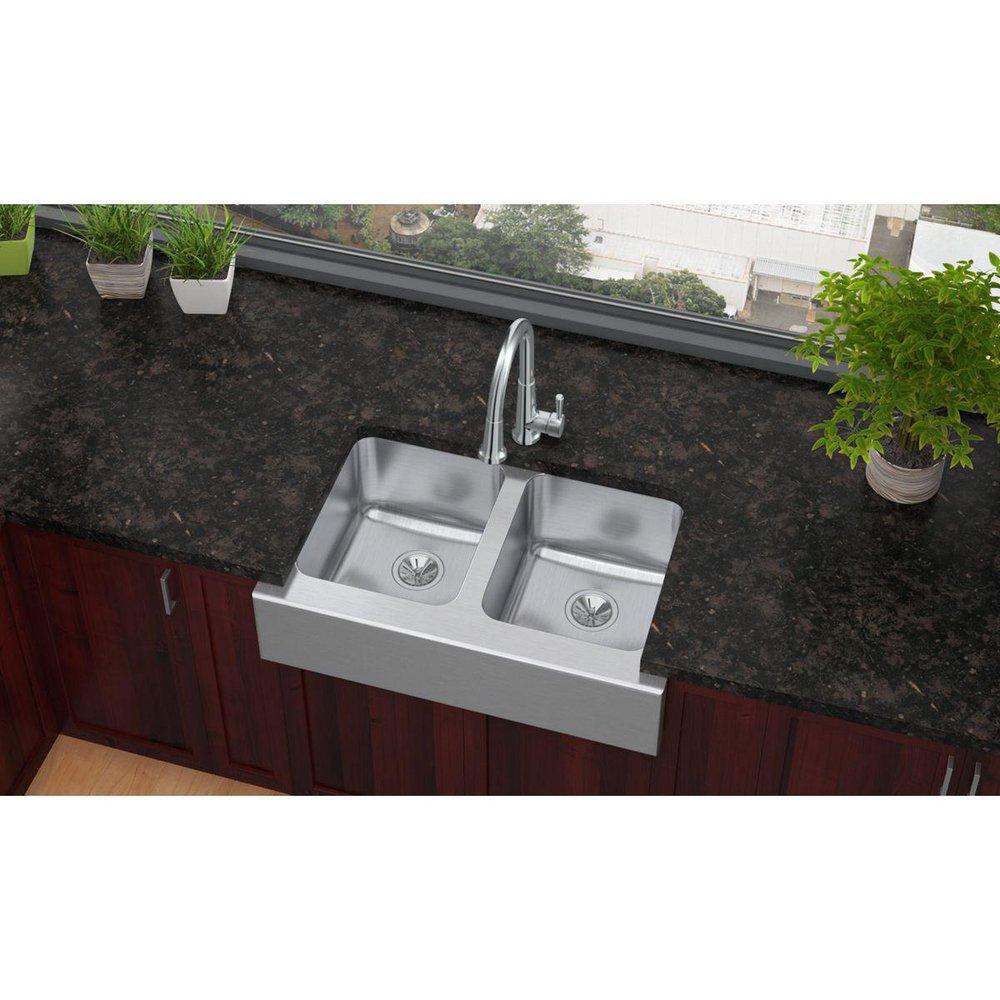 Elkay Lustrous Satin 33 x 20-1/2 in. Stainless Steel Double Bowl Farmhouse Kitchen Sink with Sound Dampening 