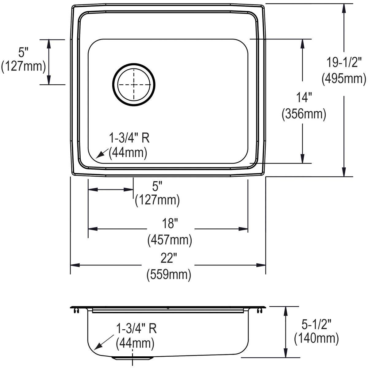 Elkay Stainless Steel 2-Hole 1-Bowl Topmount Rectangular Kitchen Sink with Rear Left Drain 