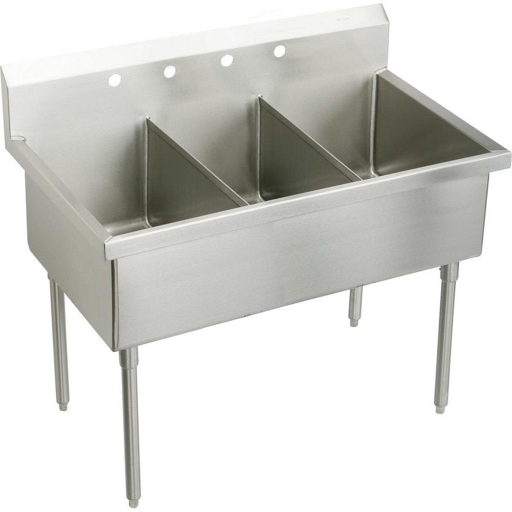 Elkay Buffed Satin 3-Bowl Floor Mount Commercial Scullery Sink 