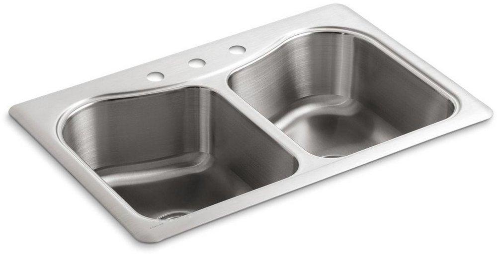 KOHLER Stainless Steel 33 x 22 in. Stainless Steel Double Bowl Drop-in Kitchen Sink with Sound Dampening 