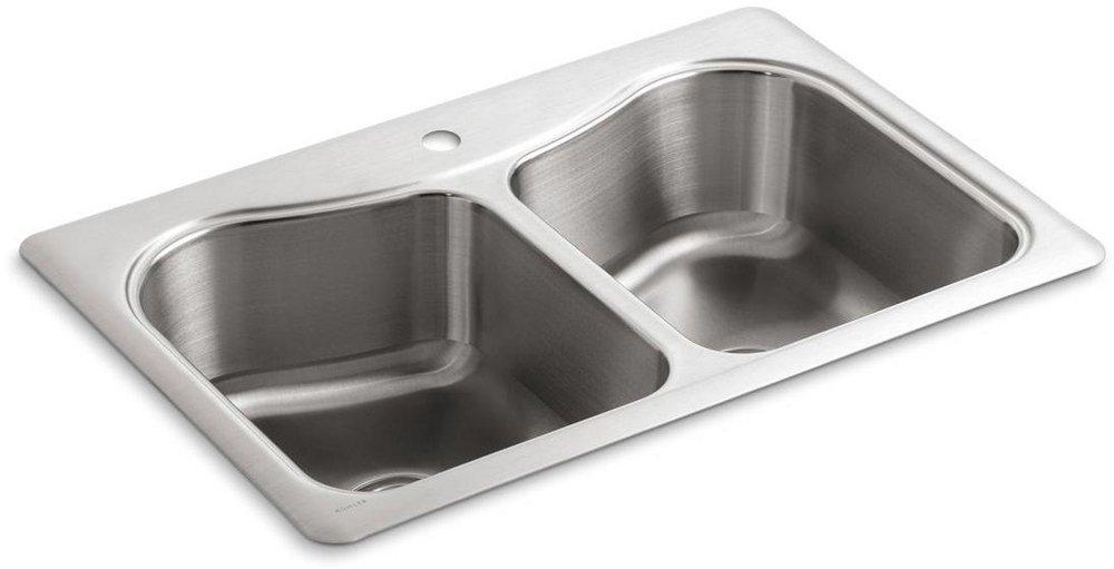 KOHLER Stainless Steel 33 x 22 in. Stainless Steel Double Bowl Drop-in Kitchen Sink with Sound Dampening 